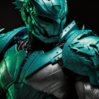 Futuristic armored suit with teal highlights and feather-like details