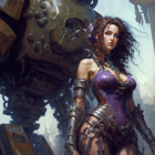 Digital art: Woman in intricate armor facing large mechanical construct