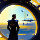 Futuristic uniformed person gazes at seascape with flying vehicles and distant city under golden sky