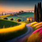 Colorful Tuscan Hillside Sunrise or Sunset Landscape with Villa, Cypress Trees, and Wildflowers
