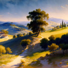 Tranquil watercolor landscape with sunlit farmhouse