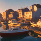 Tranquil harbor at sunset with boats and aged buildings