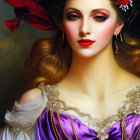 Digital portrait of a woman in purple satin dress with lace and gem details