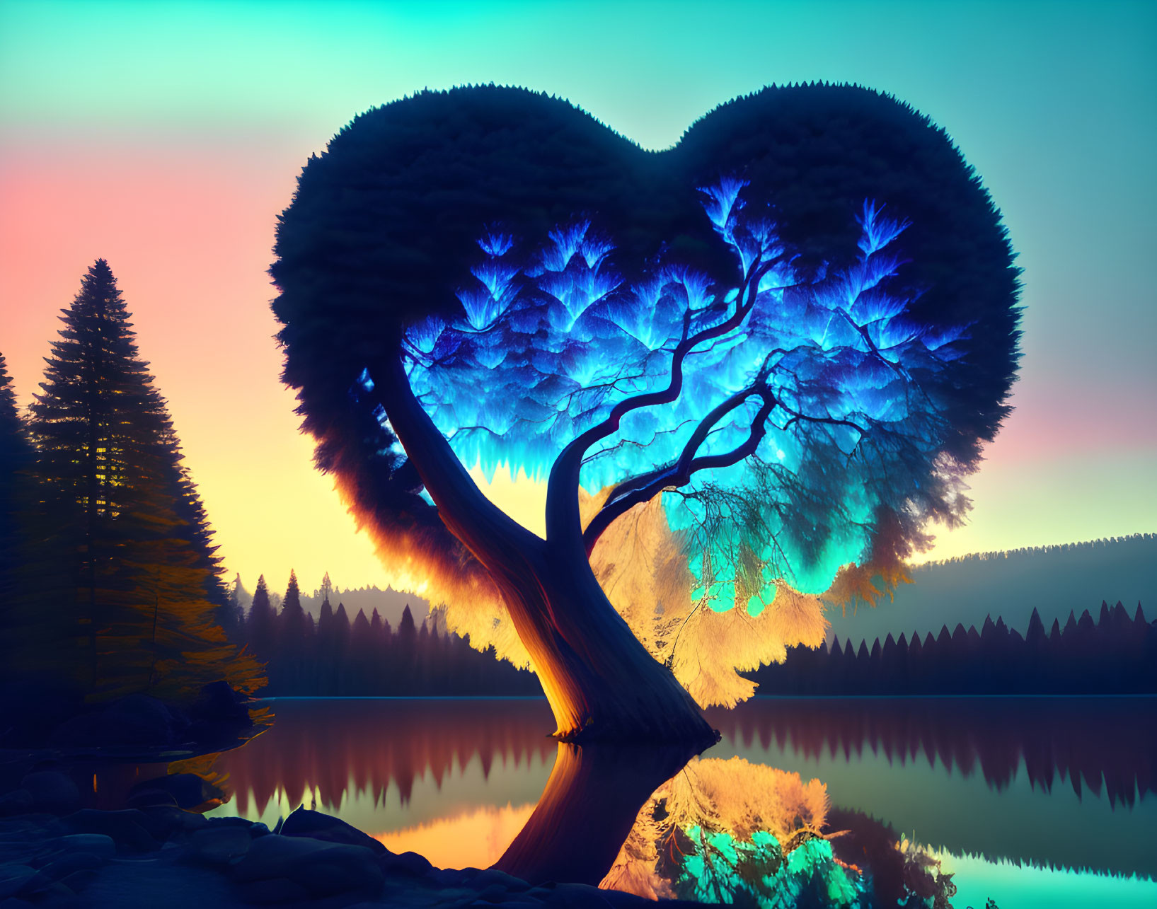 Heart-shaped tree with blue leaves by calm lake at dusk
