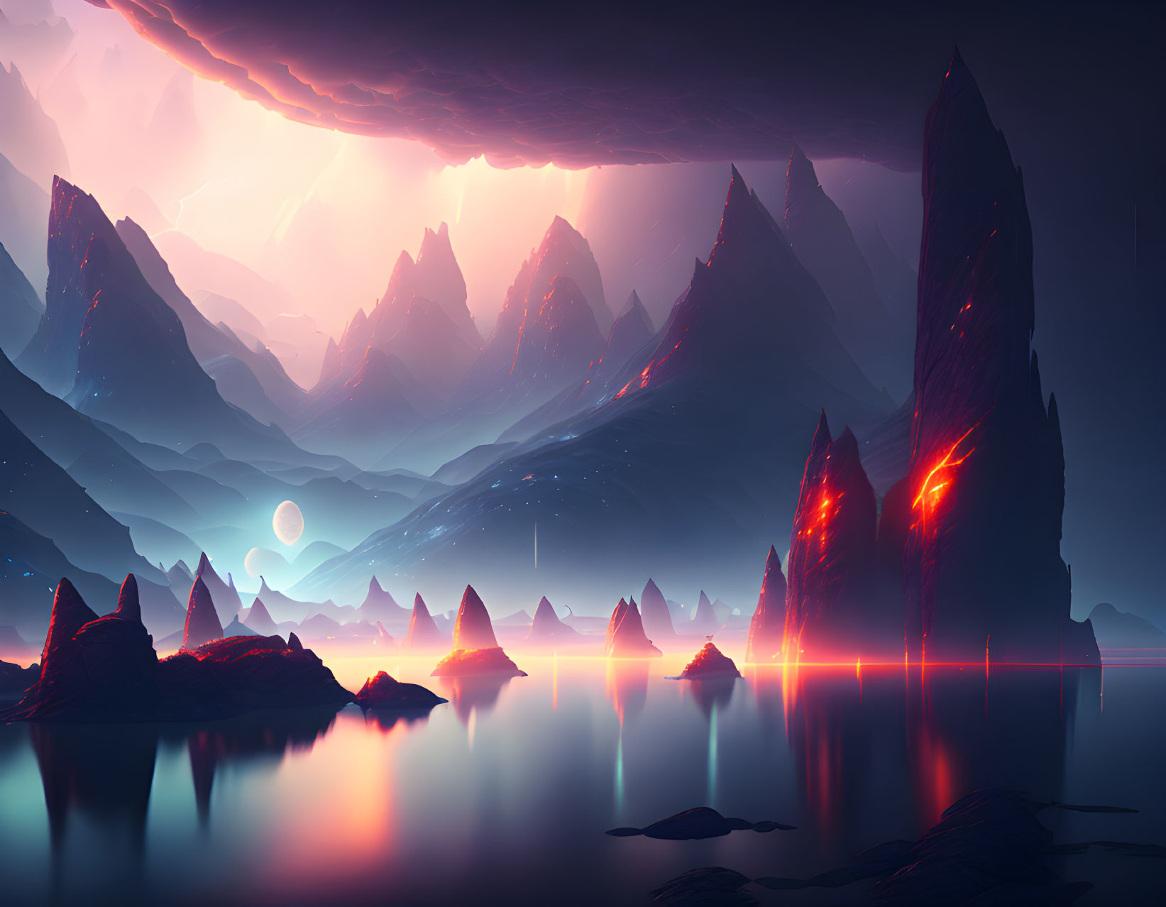 Surreal landscape with glowing red fissures in dark mountains under stormy sky