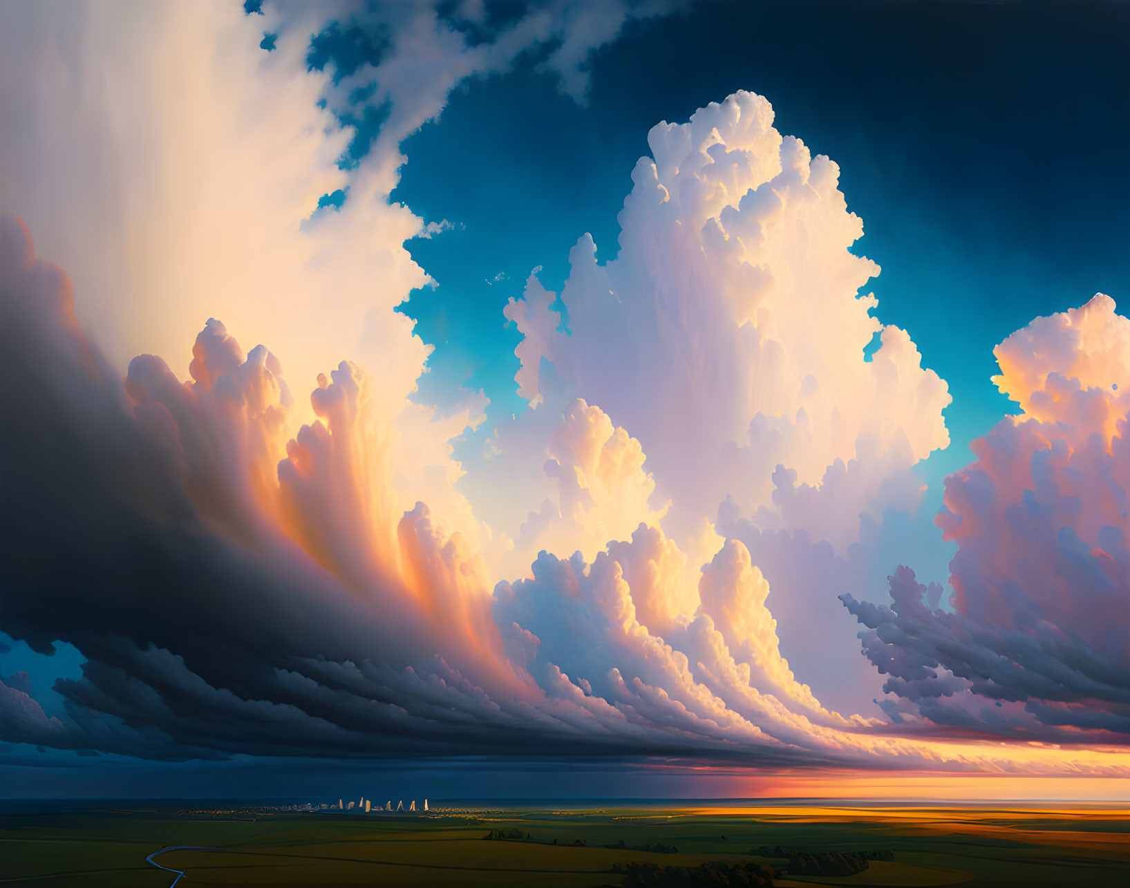 Majestic cumulus clouds illuminated by warm sunlight over serene landscape