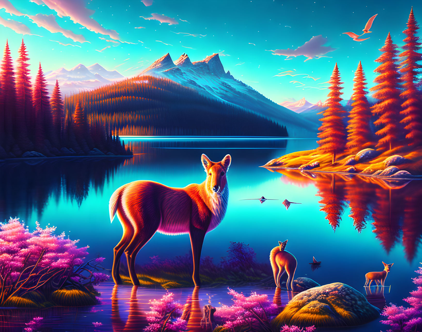 Majestic fox in surreal neon-lit landscape with lake and mountains