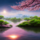 Tranquil landscape with cherry blossoms, river, and snowy mountains at sunrise