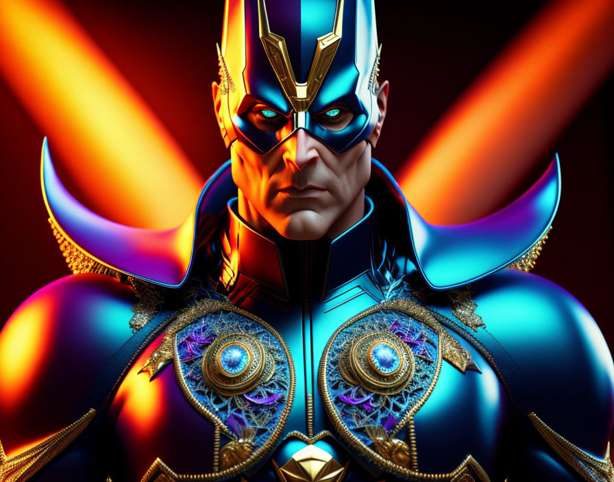 Colorful Digital Artwork of Superhero with Metallic Helmet & Blue Suit