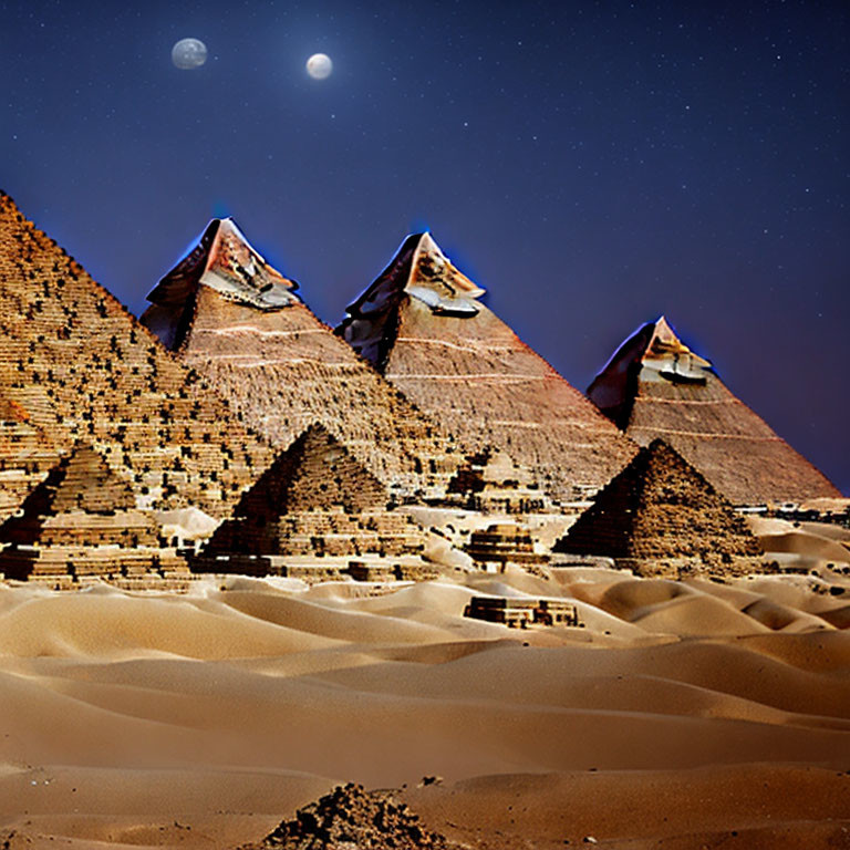 Ancient Egyptian Pyramids under Starry Sky with Moon & Planet