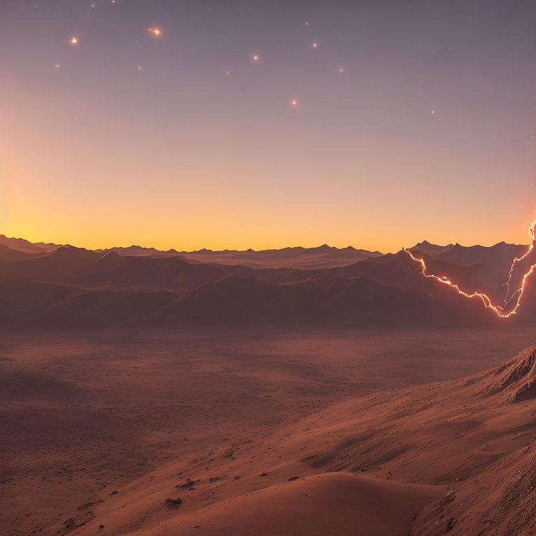 Desert landscape at dusk with starry sky and lightning bolt