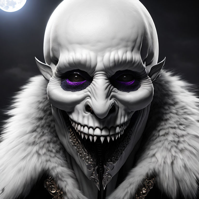 Skull-faced creature with purple eyes and sharp teeth in white fur cloak