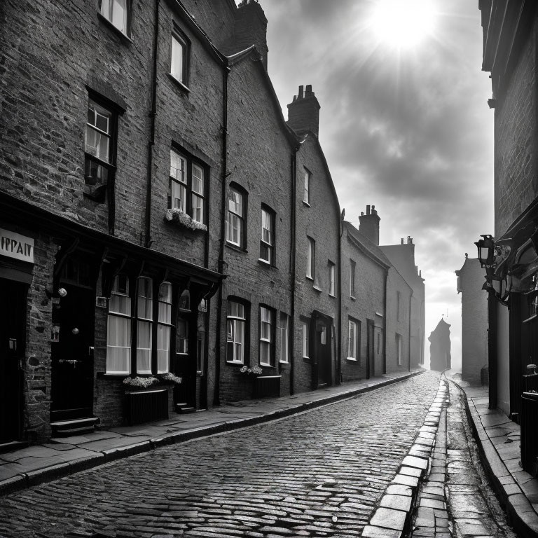 Monochrome image: Vintage cobblestone street with sun and shadows
