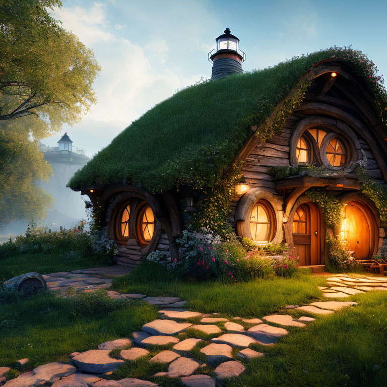 Charming fairy-tale cottage with grassy roof and round doors nestled in serene sunset landscape