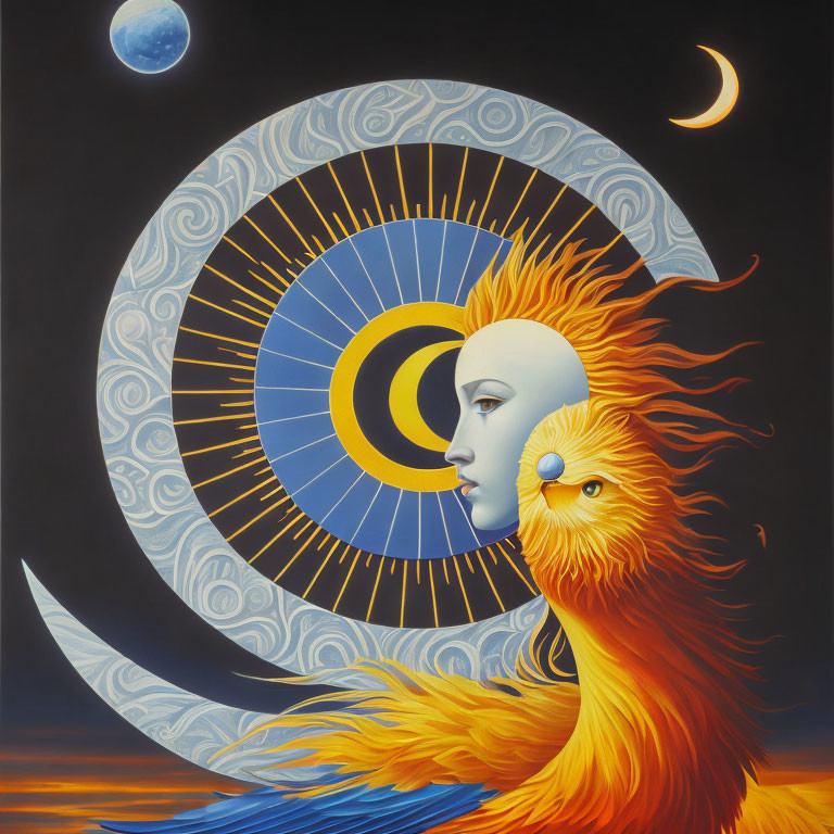 Surrealistic painting of sun and moon duality with crescent moon face and fiery lion mane