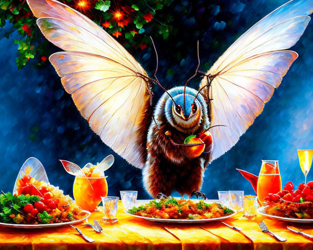 Colorful moth painting above dining table with drinks and food under illuminated tree