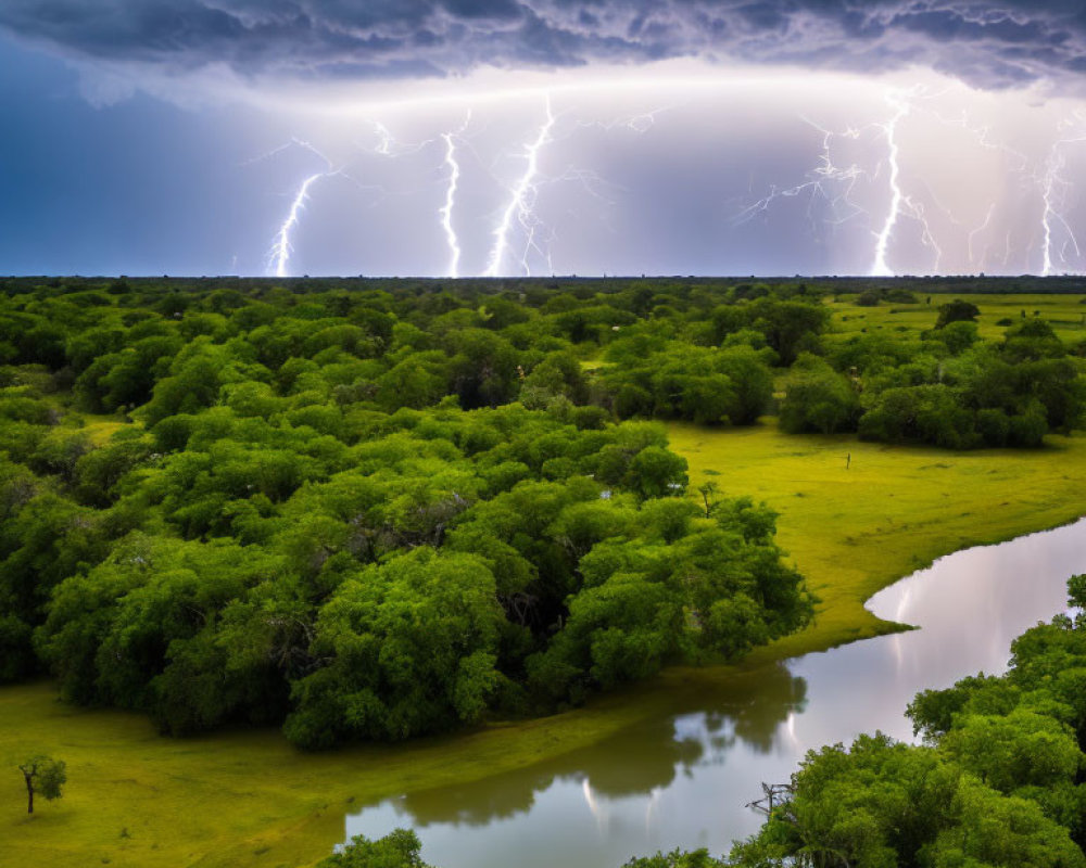 Multiple Lightning Strikes Illuminate Dark Stormy Skies Above Green Landscape