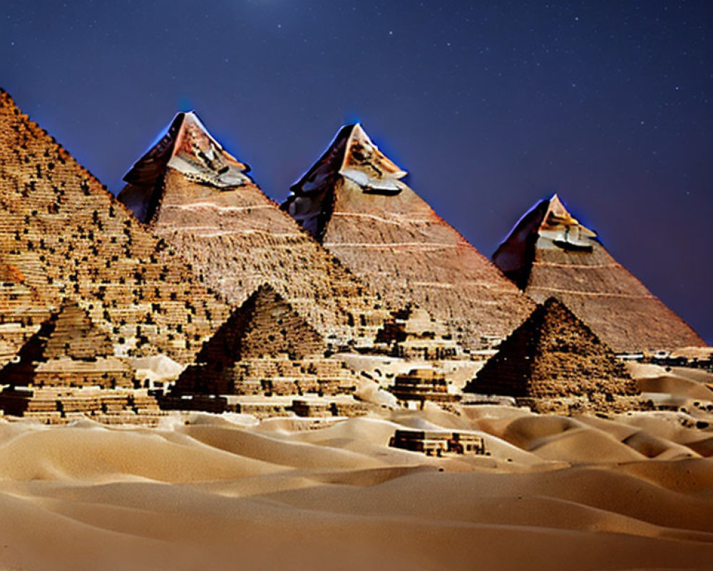 Ancient Egyptian Pyramids under Starry Sky with Moon & Planet