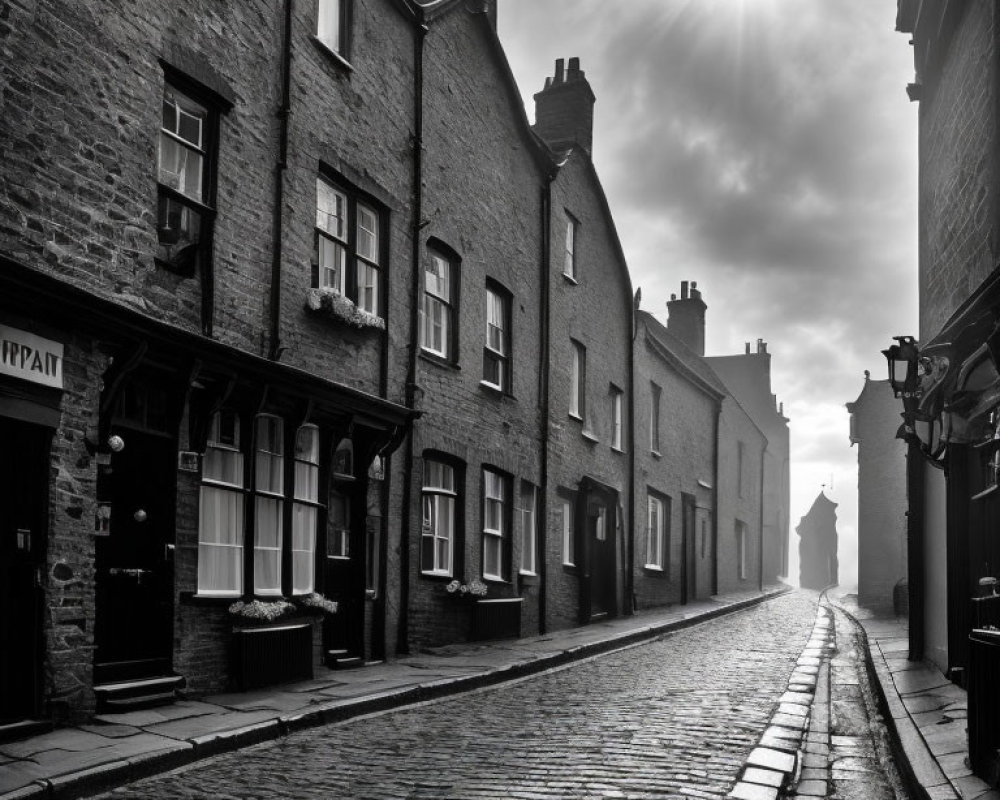 Monochrome image: Vintage cobblestone street with sun and shadows