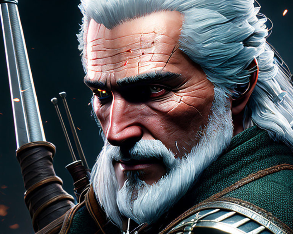Male video game character with white hair, beard, scars, armor, and sword.