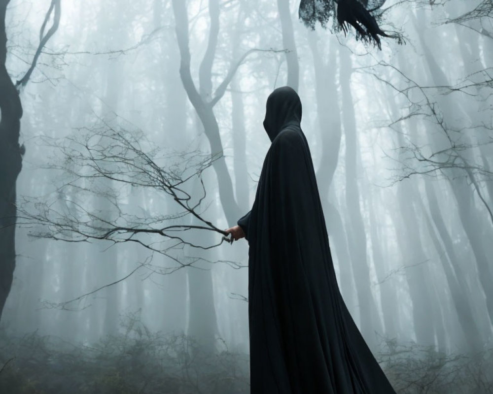 Misty forest scene with cloaked figure, raven, and silhouetted trees