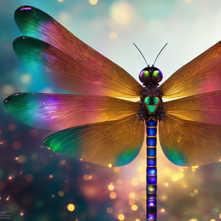 Iridescent dragonfly with translucent wings on bokeh light background