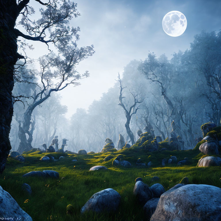 Moonlit Forest: Serene night scene with ancient trees and moss-covered floor