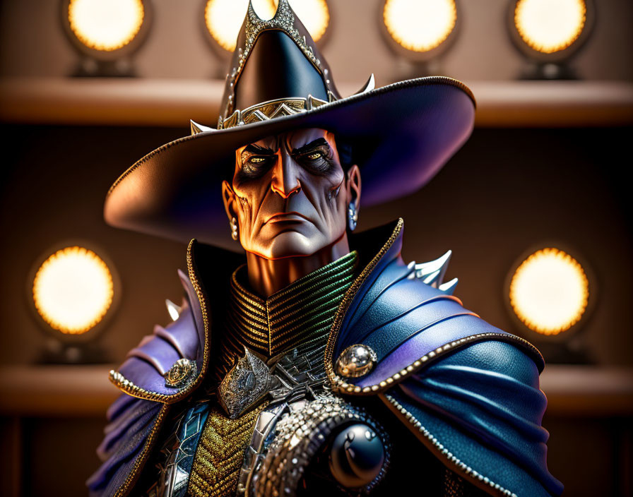 Fantasy character figurine in cowboy hat and armor with stern expression under warm lights