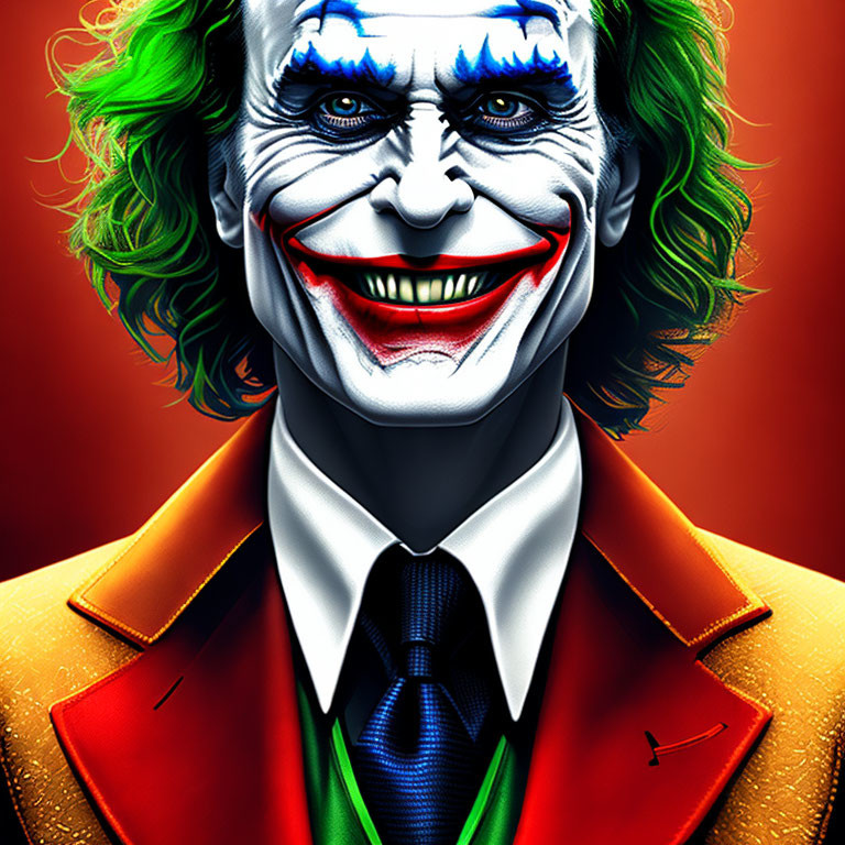 Colorful digital artwork: character with green hair, clown makeup, wide grin, and colorful suit on