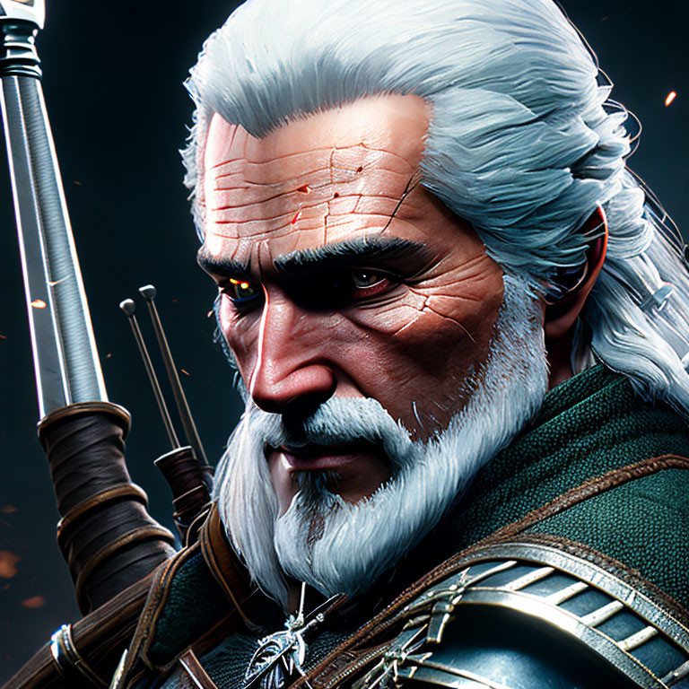 Male video game character with white hair, beard, scars, armor, and sword.