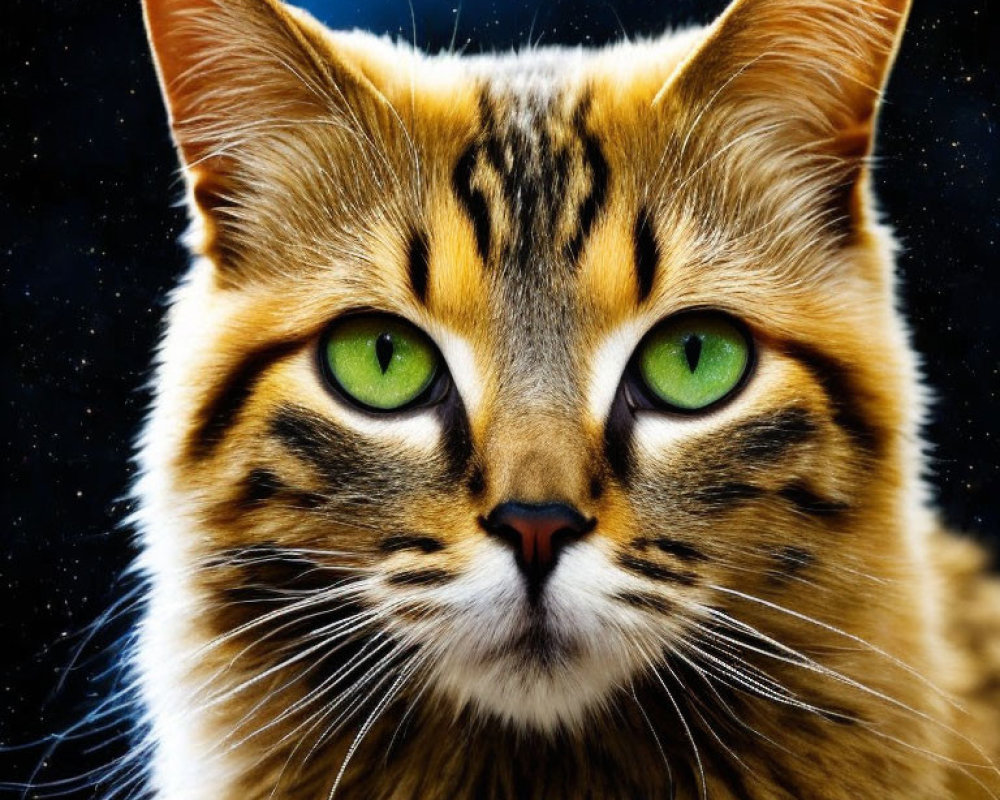 Tabby Cat with Green Eyes and Striped Fur on Starry Night Sky
