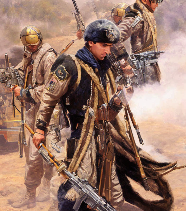 Historical soldiers in fur-trimmed uniforms with rifles on smoky battlefield