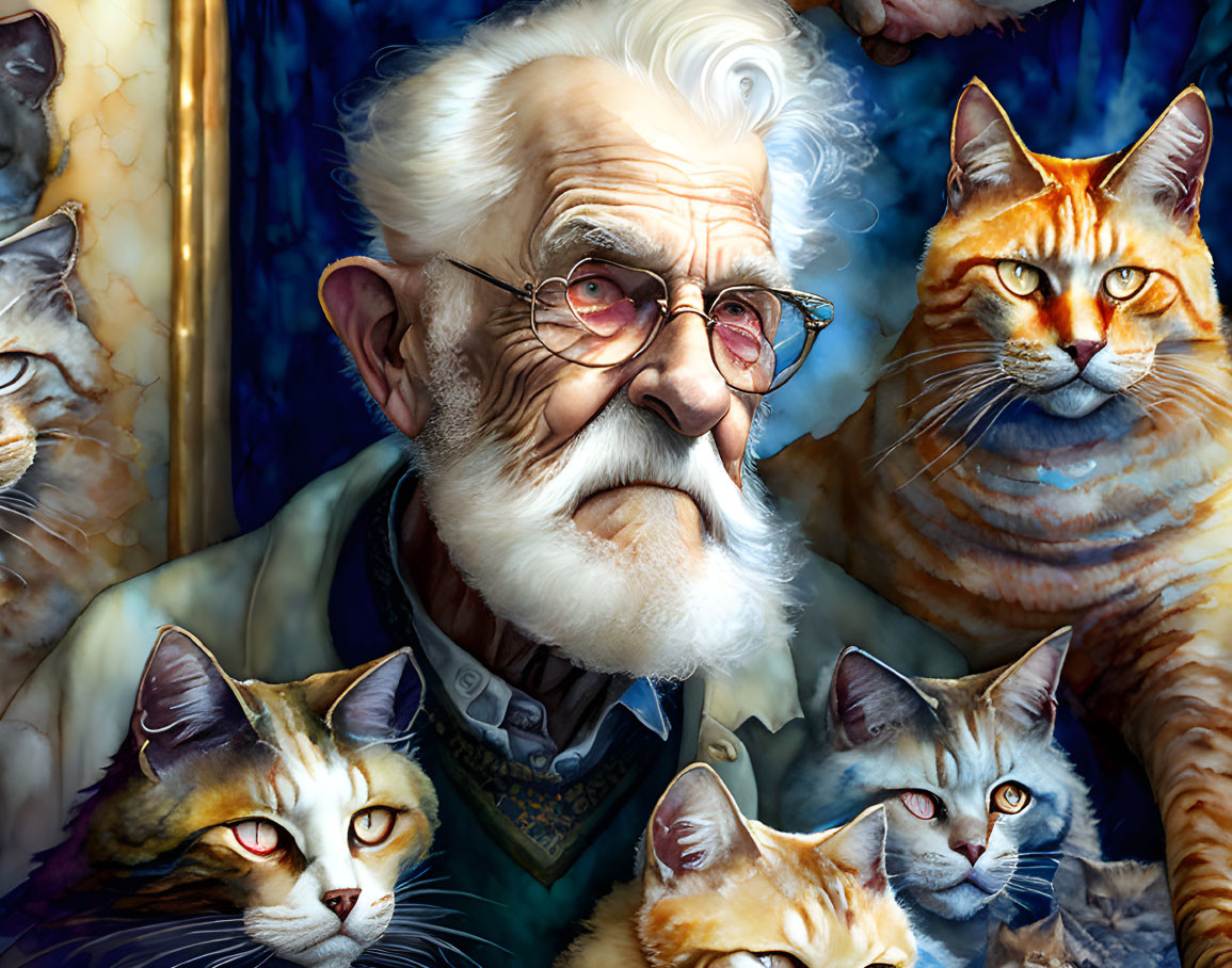 Elderly man with white hair, mustache, glasses, surrounded by attentive cats