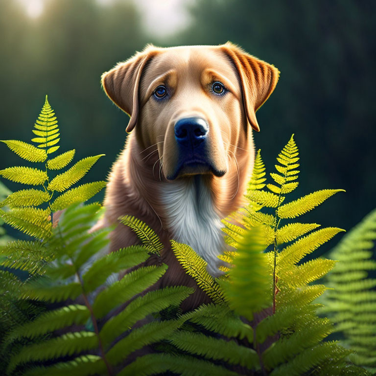 Labrador Dog Peeking Through Green Ferns in Sunlit Forest