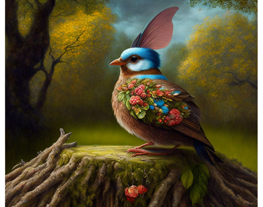 Colorful Fantastical Bird Perched on Tree Stump with Blue Head and Pink Feather