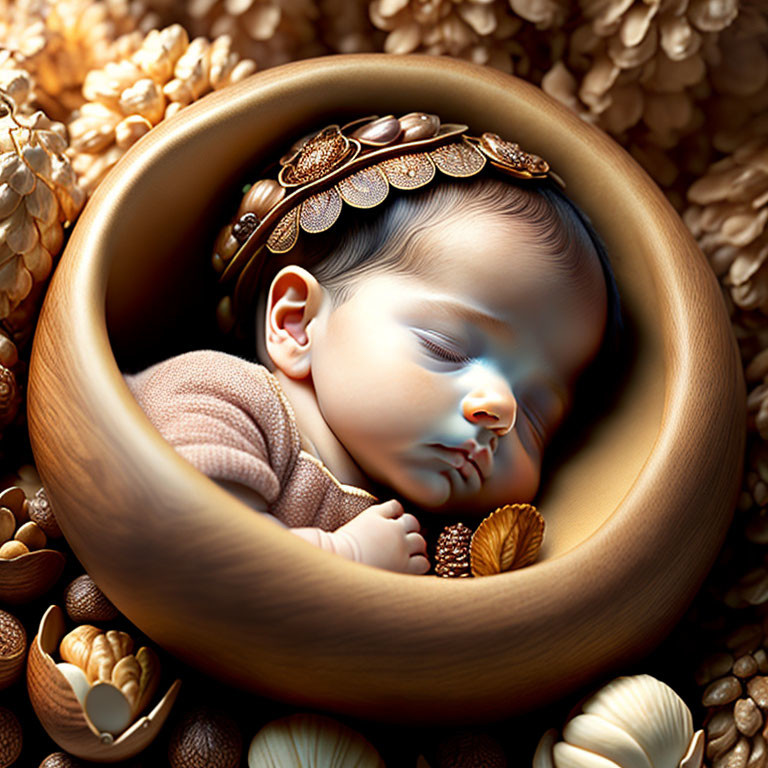 Sleeping baby in wooden frame with flowers and nuts in serene image