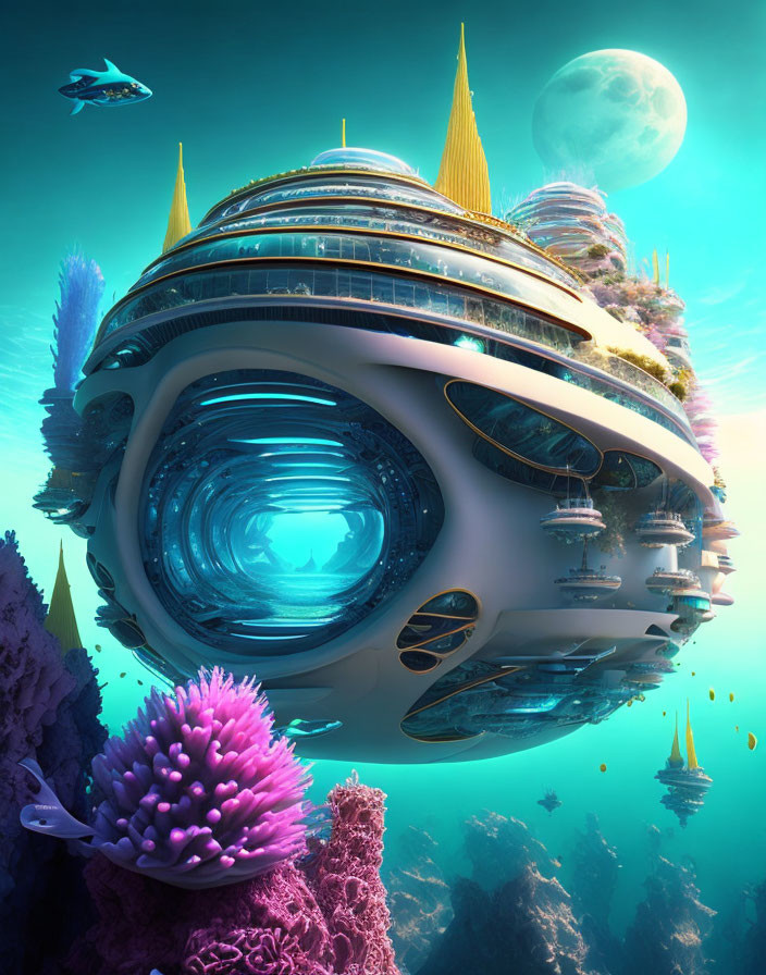 Bio-dome structures and spaceship in futuristic underwater city with coral formations and moonlit backdrop