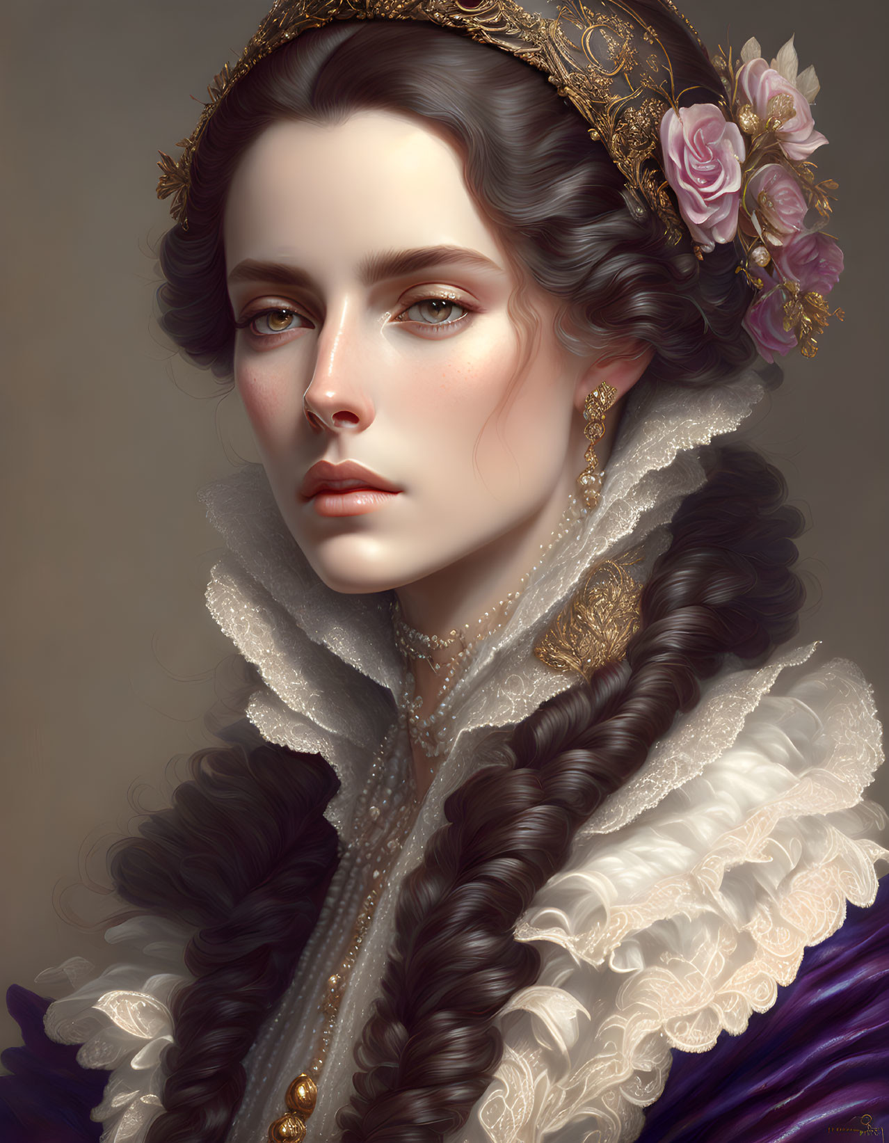 Intricate braids, gold crown, ruffled collar: Woman portrait in purple attire