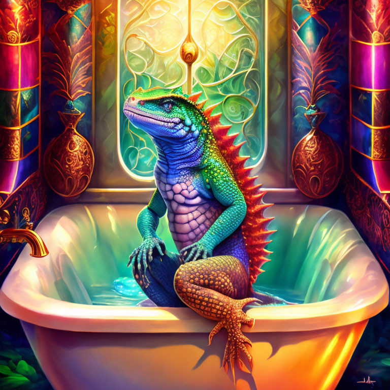 Colorful anthropomorphic lizard in luxurious bathtub setting with glowing lights