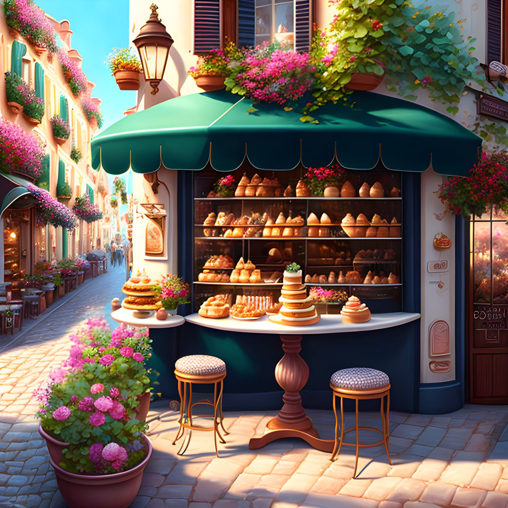 Illustration of charming bakery with pastries on cobblestone street
