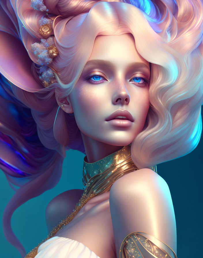 Fantasy creature with pastel hair, blue eyes, gold jewelry, and mystical aura