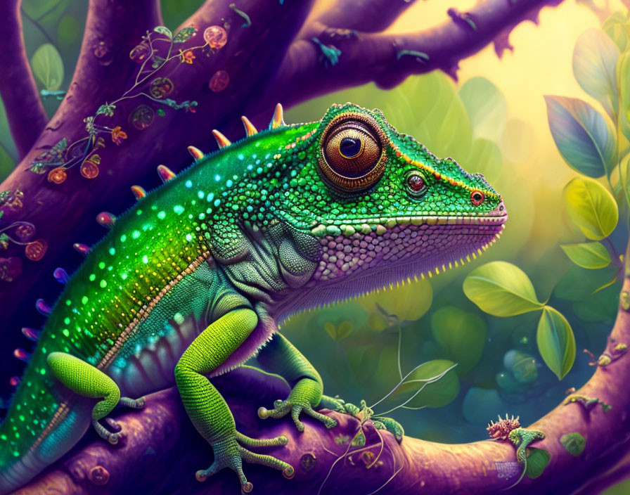 Colorful Illustration of Green Iguana on Branch with Mystical Background