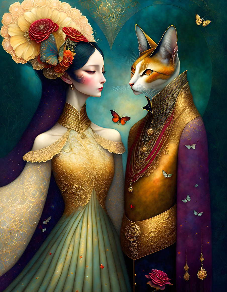 Detailed illustration of elegant woman and cat in golden attire with butterflies