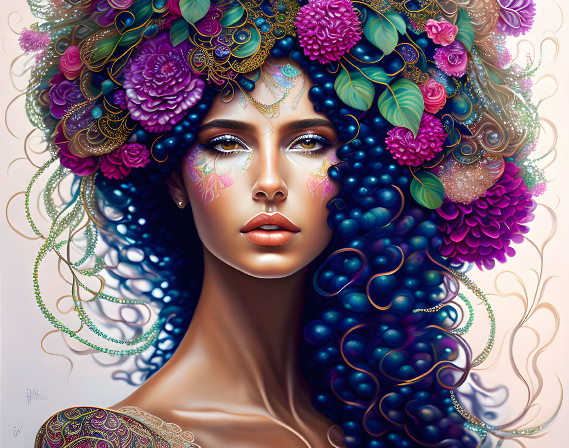 Vivid Multicolored Flower Adorned Woman Digital Art