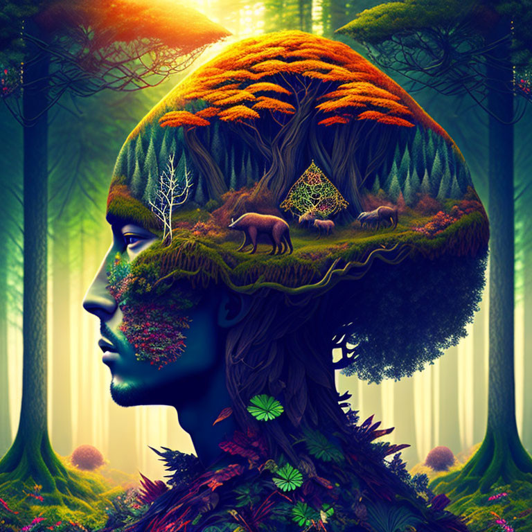 Surreal portrait merging person's profile with vibrant forest landscape