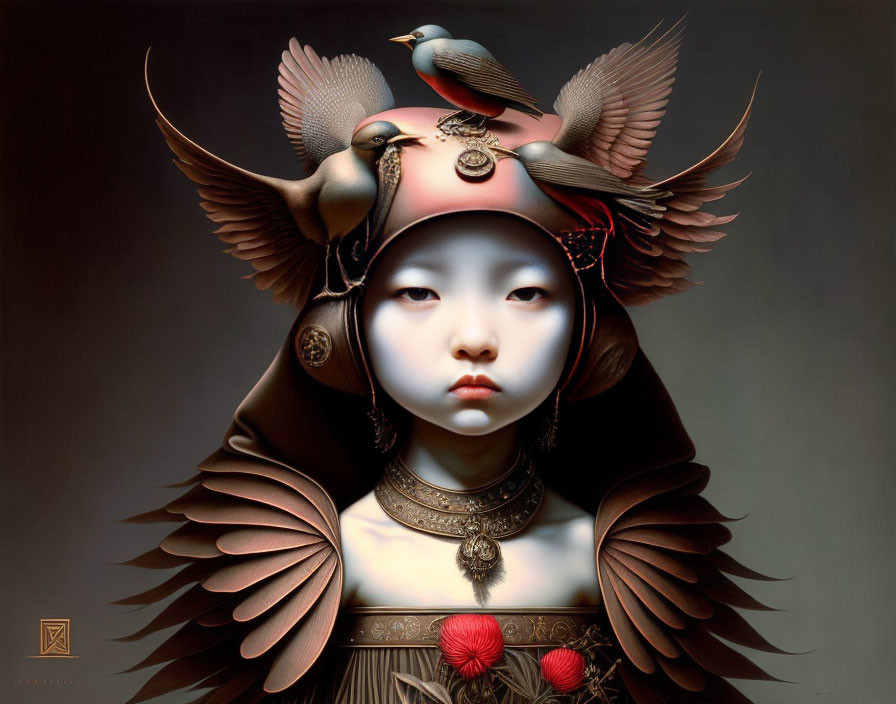 Digital artwork featuring solemn girl with bird-themed headdress