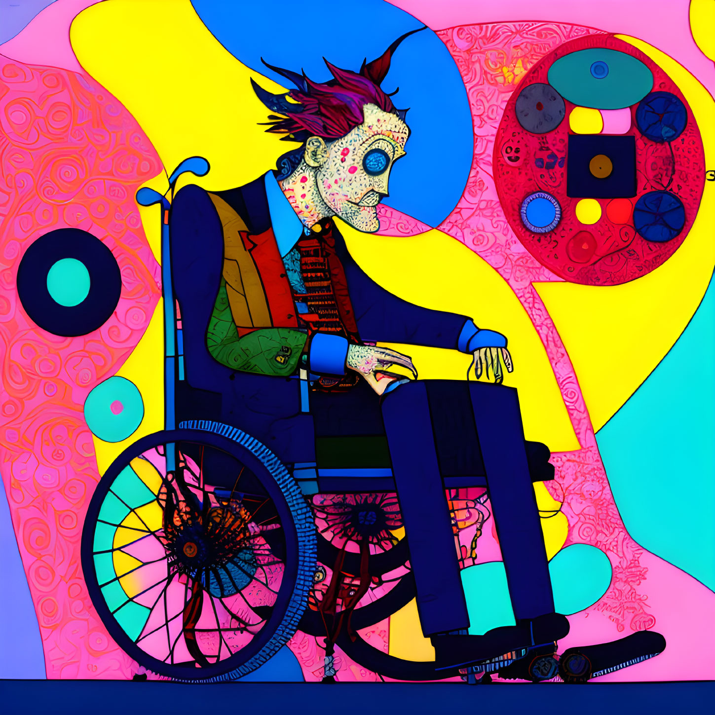 Vibrant Abstract Digital Art: Punk-Inspired Figure in Wheelchair
