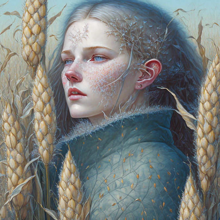 Digital artwork: Woman with pale skin, blue eyes, surrounded by golden wheat and plant-like patterns.