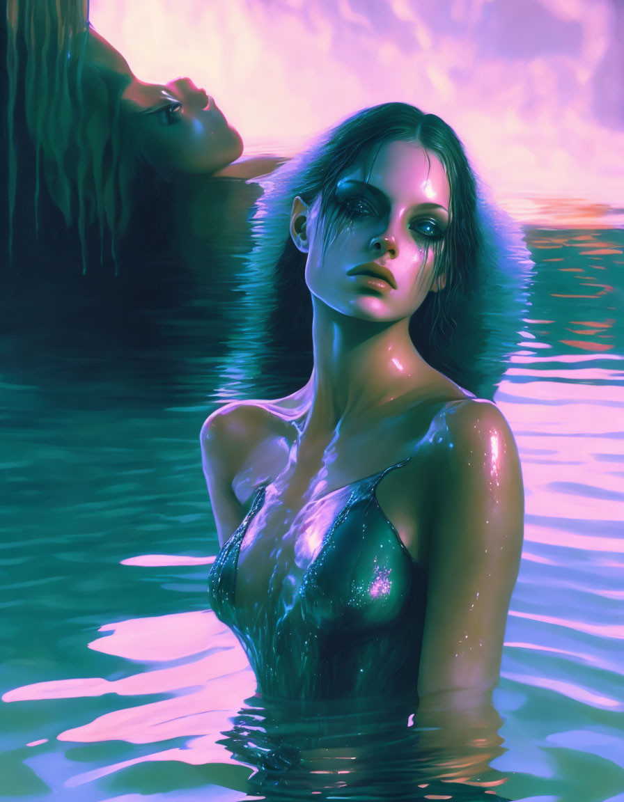 Ethereal women in water with purple and pink hues
