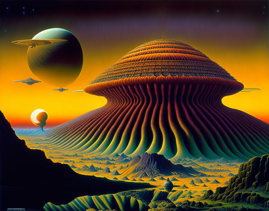 Large dome structure in vivid sci-fi landscape with flying saucers and distant planets